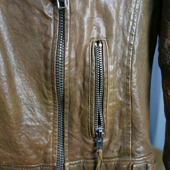 100% Leather Brown Moto Jacket Lined Two Zippered Pockets Adjustable Side Stra - Picture 6 of 7